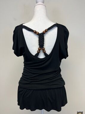 Threads Y2K Black Top with Wooden Beads and Macrame Detail on back Size Medium